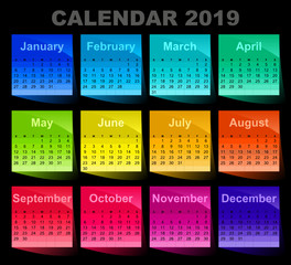 Calendar for 2019 year. Colorful sticky notes. Colored sheets of paper