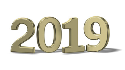 Illustration of gold 2019 New Year Numbers on white background.