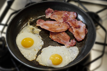 Fried egg bacon breakfast unhealthy food leading to obesity and fat population