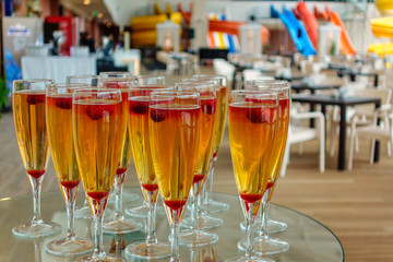 Set of goblets with berry cocktail in cafe
