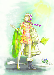 Girl and weather. Colorful illustration. Hand drawn illustration. March. Spring.