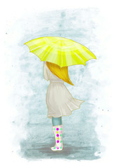 Girl with umbrella. Colorful illustration. Hand drawn illustration. November. Autumn.