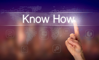 A hand selecting a Know How business concept on a clear screen with a colorful blurred background.