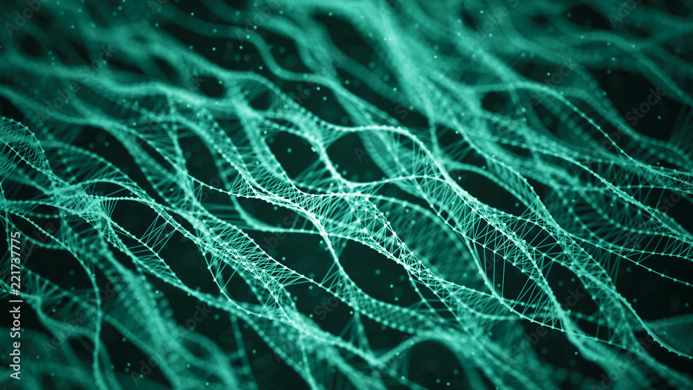 Aufkleber Molecular background with DNA. Network concept with connecting dots and lines. Abstract particles. Big data visualization. Sound wave. 3d rendering.
