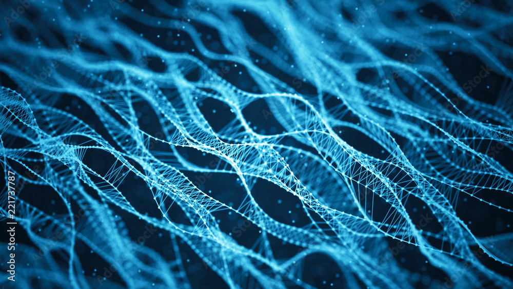 Aufkleber Molecular background with DNA. Network concept with connecting dots and lines. Abstract particles. Big data visualization. Sound wave. 3d rendering.