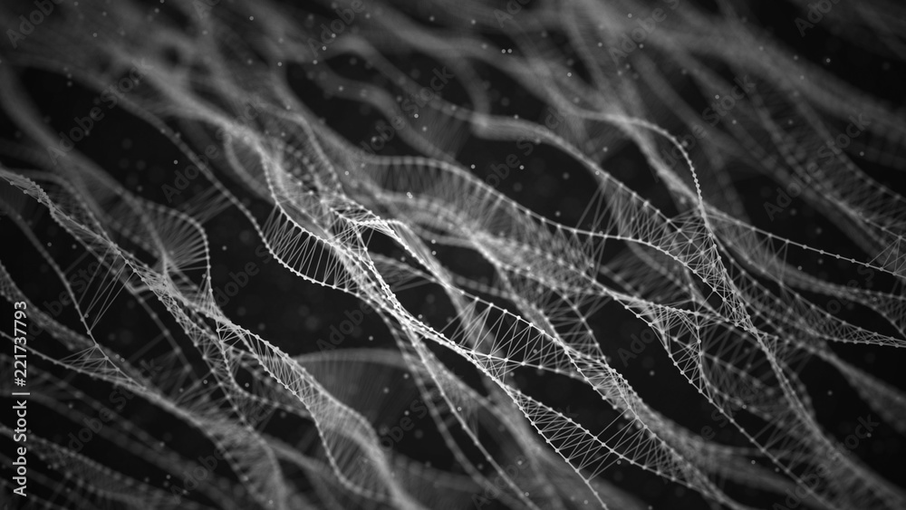 Fototapete Molecular background with DNA. Network concept with connecting dots and lines. Abstract particles. Big data visualization. Sound wave. 3d rendering.