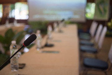 Microphone in seminar room, blurred background, copy sapce, for presentation