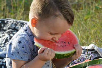 little boy eats watermelon