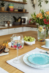 Close up of fresh and healthy summer breakfast in Mediterranean style kitchen. 