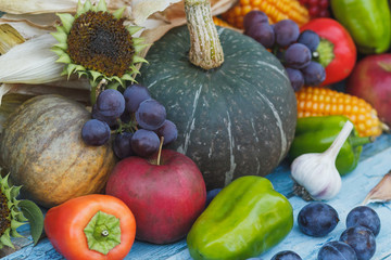 Pumpkin, sunflowers and different vegetables and fruits