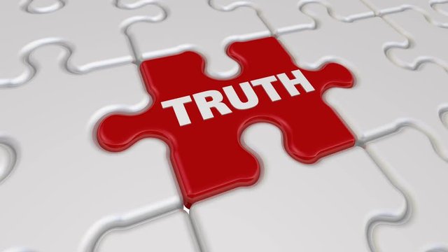 Truth. The inscription on the missing element of the puzzle. Folding white puzzles elements and one red with word TRUTH. Footage video