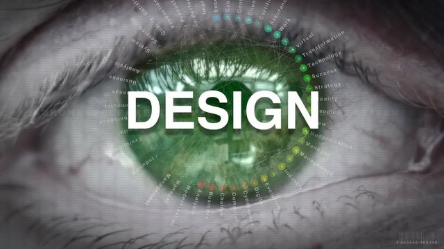 Close up of an eye focusing on Design concept on a futuristic screen.
