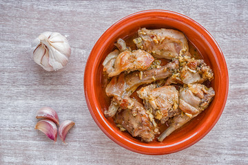 Rabbit with garlic. Typical Spanish recipe. Fry the rabbit, clean and chopped, with garlic and add a glass of wine. Cook slowly until the wine is reduced.