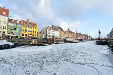 Colored facades of Nyhavn in Copenhagen in Denmark in winter