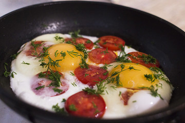 Fried eggs with tomatoes in a frying pan