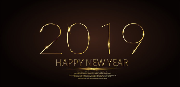 Happy New Year 2019 winter holiday greeting card design template. Party poster, banner or invitation gold glittering stars confetti glitter decoration. Vector background for happy new year 