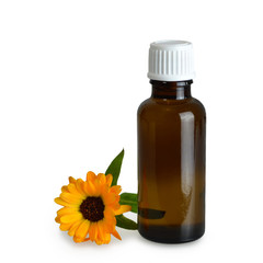 Calendula essential oil isolated on white background
