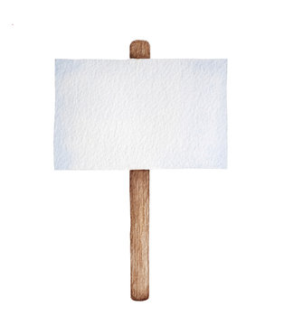 Blank clean paper sheet on brown wooden stick. Template to write any text, message, information. Hand drawn watercolour graphic illustration on white. One single object, front view, rectangle shape.