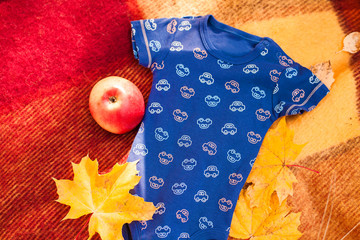 Baby bodysuit shirt on the red and yellow wool plaid with maple leaf and apple. Anticipation. Autumn style
