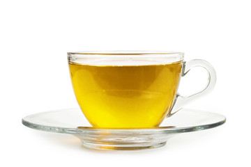 Tea in transparent cup isolated on white