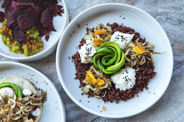  Different delicious vegetarian dishes on the table