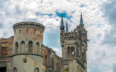 Beautiful and gloomy ruins of castles in Poland. Closed object. Palace in Kopice Ruins of the Schaffgotsch palace