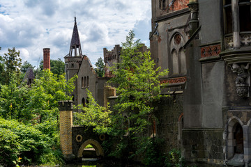 Beautiful and gloomy ruins of castles in Poland. Closed object. Palace in Kopice Ruins of the Schaffgotsch palace