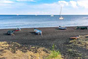 Fototapeta na wymiar View of black volcanic beach on Stromboli Island