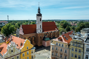 Obraz premium Panorama from the main building in the town of Opole. Colorful houses and pavements, magnificent area. Historical architecture of Europe.