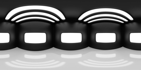 HDRI map, spherical environment panorama background in shades of black and white, light source rendering - abstract room (3d equirectangular render)