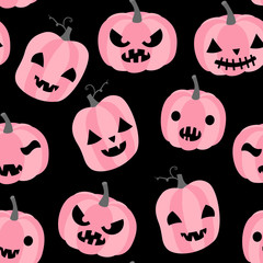 Cute vector seamless pattern with pink carved pumpkins in flat style with different expressions on black background