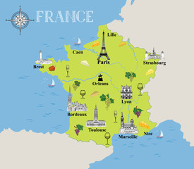 Fototapeta premium Touristic map of France. Travel gastronomic destination background