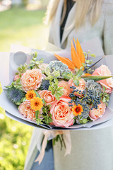 Bird of paradise flower, beautiful spring bouquet. Young girl holding a flower arrangement with variety of colors. Violet, blue and peach color flower. Bright dawn or sunset sun