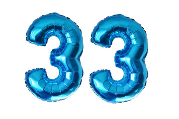 Preparing for 33 years old party with blue shiny inflatable balloons isolated on white background
 - obrazy, fototapety, plakaty