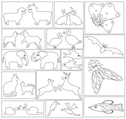 Coloring book with symbols of animals and insects. Vector.