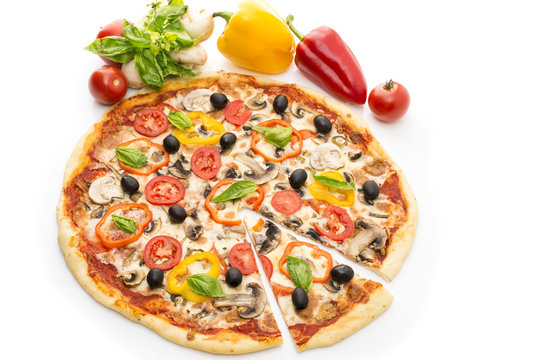 Delicious italian pizzas lifted slice 1 Isolated on white background. Pizza with ham, pepper and olives