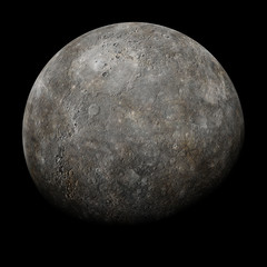 planet Mercury, smallest planet of the solar system, isolated on black background