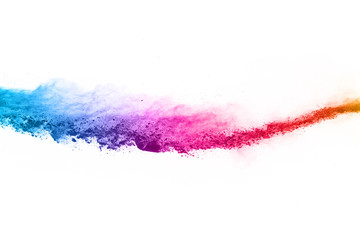 abstract powder splatted background. Colorful powder explosion on white background. Colored cloud. Colorful dust explode. Paint Holi.