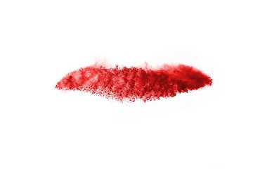 Freeze motion of red powder exploding, isolated on white background. Abstract design of red dust cloud. Particles explosion screen saver, wallpaper