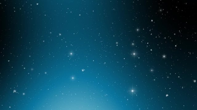 Abstract blue night sky with stars and snowflakes.