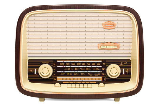 Vintage radio receiver front view, 3D rendering