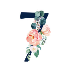 Navy Floral Number - digit 7 with flowers bouquet composition. Unique collection for wedding invites decoration & other concept ideas.