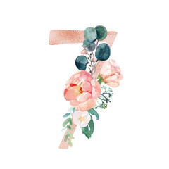 Peach Cream Blush Floral Number - digit 7 with flowers bouquet composition. Unique collection for wedding invites decoration & other concept ideas.