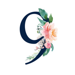 Navy Floral Number - digit 9 with flowers bouquet composition. Unique collection for wedding invites decoration & other concept ideas.