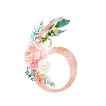 Peach Cream Blush Floral Number - digit 6 with flowers bouquet composition. Unique collection for wedding invites decoration & other concept ideas.