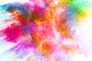 Colorful powder explosion on white background. Colored cloud. Colorful dust explode. Paint Holi.