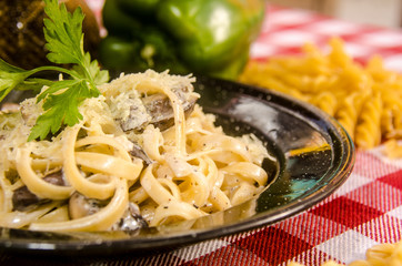 Italian fettucini pasta with mushrooms