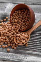 uncooked chickpeas on a wooden rustic background