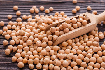 uncooked chickpeas on a wooden rustic background