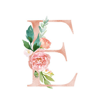 Floral Alphabet - blush / peach color letter E with flowers bouquet composition. Unique collection for wedding invites decoration and many other concept ideas.